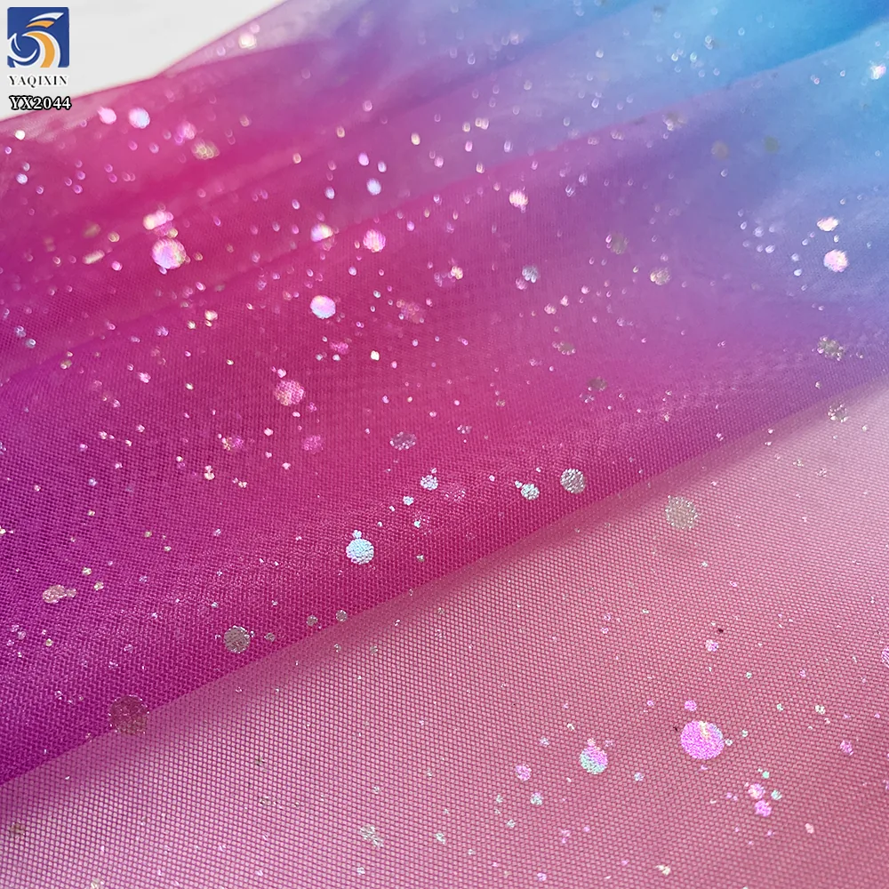 YX2044 2025 Hot Dirty Pink Purple Tulle Fabric Rainbow Gradient Ombre Tulle Fabric With Silver Glitter