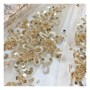 YX189 Gold Embroidery Tulle Beaded Lace With Sequins French Bridal Lace Fabric Beads Sequins Rose Gold Beaded Lace Fabric