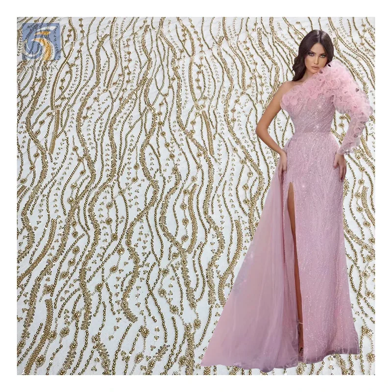 YX2576 Custom Reasonable Price Gold African Lace Crystal Fabric 2025 Golden Sparkly Sequin Beaded Glitter Lace Fabric