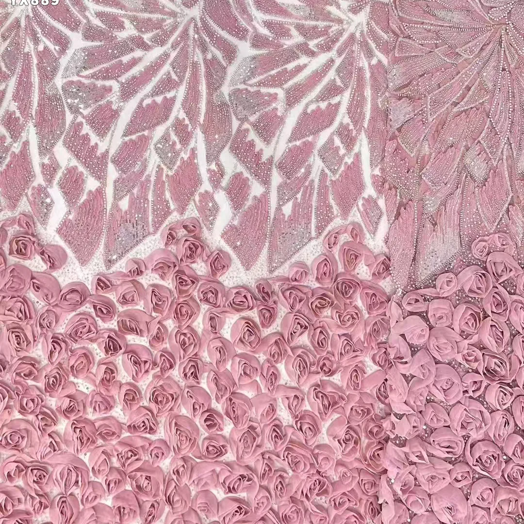 YX901 High Quality Pink Mesh 3D Flowers Lace Handmade Beads French Lace Sequin Fabric 3D Lace Fabrics for Dresses