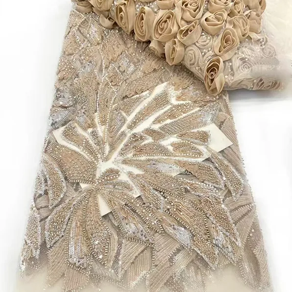 YX901 High Quality Pink Mesh 3D Flowers Lace Handmade Beads French Lace Sequin Fabric 3D Lace Fabrics for Dresses