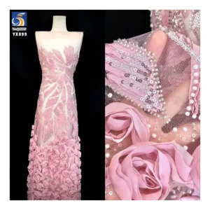 YX901 High Quality Pink Mesh 3D Flowers Lace Handmade Beads French Lace Sequin Fabric 3D Lace Fabrics for Dresses