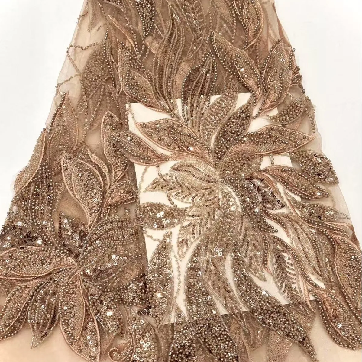 YX1051 Luxurious Lace Material Apricot Embroidery Beads Wedding Sequins Mesh Tulle Lace Fabrics for Evening Party Dresses
