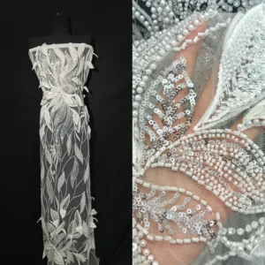 YX1051 Luxurious Lace Material Apricot Embroidery Beads Wedding Sequins Mesh Tulle Lace Fabrics for Evening Party Dresses
