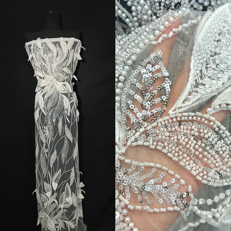 YX1051 Luxurious Lace Material Apricot Embroidery Beads Wedding Sequins Mesh Tulle Lace Fabrics for Evening Party Dresses