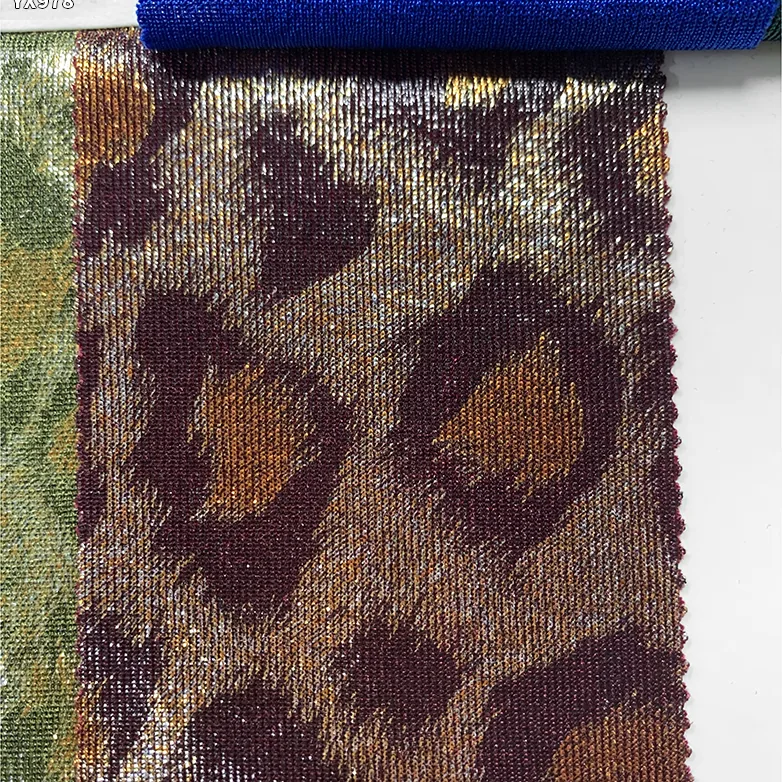 YX978 200gsm Spandex Highly Stretchable Ribbed Knit Lurex Fabric With Hot Stamping Leopard Print Lurex Fabric for Stage Dress