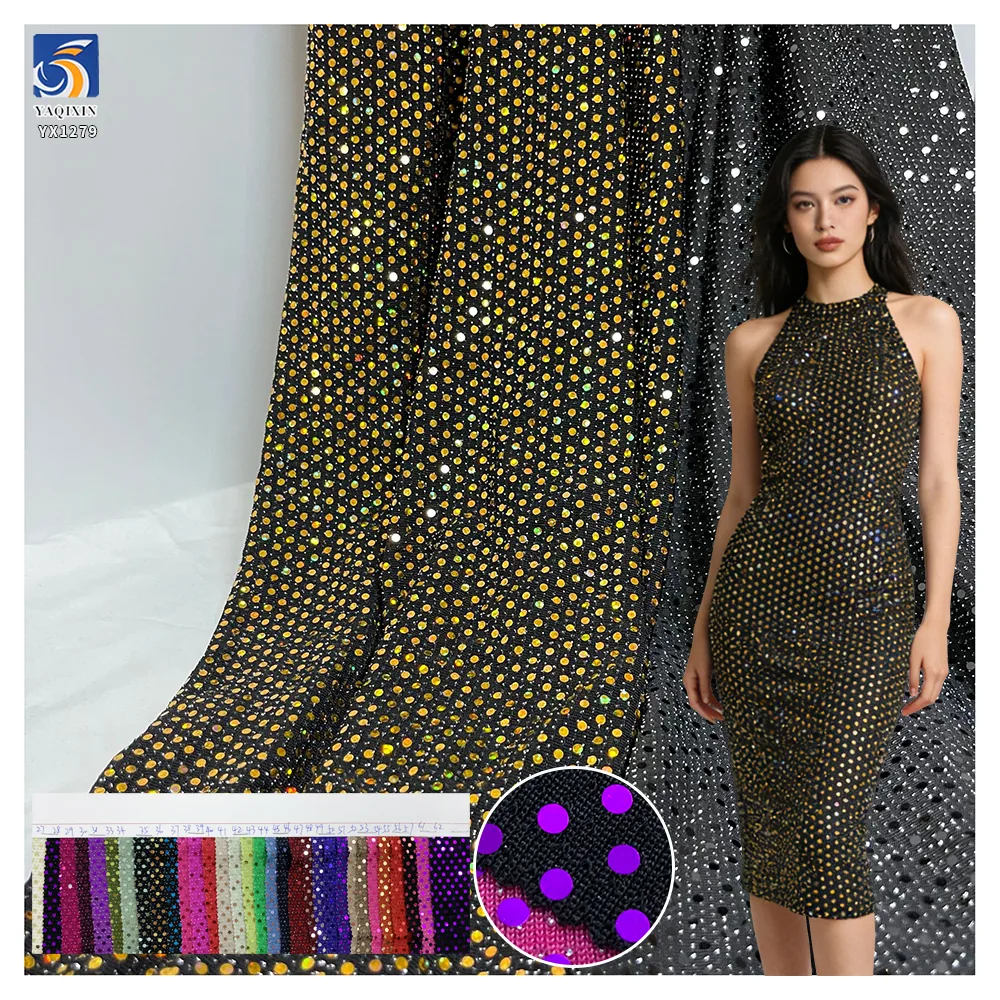 YX1279 130gsm New Arrival Nylon Spandex Stretch Laser Lurex Iridescent Sequin Fabric With Silver Dots for Party Dress Stretch
