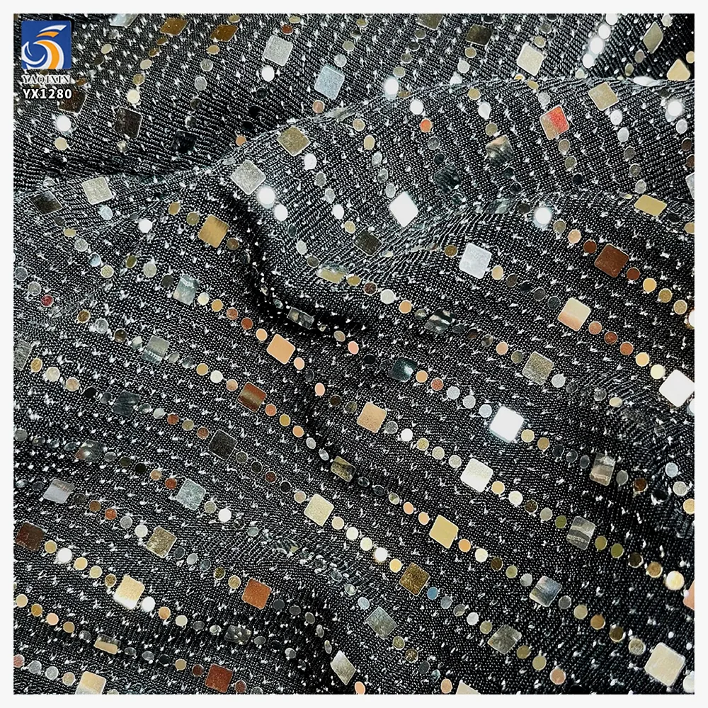 YX1280 130gsm Competitive Prices Straight Laser Lurex Spandex Stretch Dot Sequin Fabric for Fashion Performance Costumes