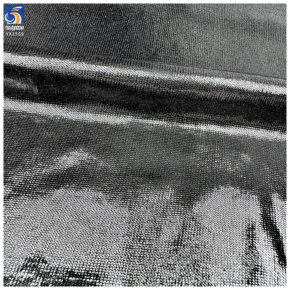 YX1559 180gsm 98% Polyester 2% Spandex Full Coverage Silver Foil Printed Stretch Knit Fabric for Stagewear and Fashion Apparel