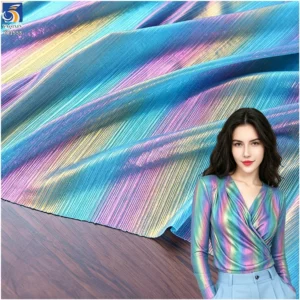 YX1558 Iridescent Holographic Foil Rib Knit Stretch Fabric Glossy 95% Polyester 5% Spandex for Women's Dresses and Tops