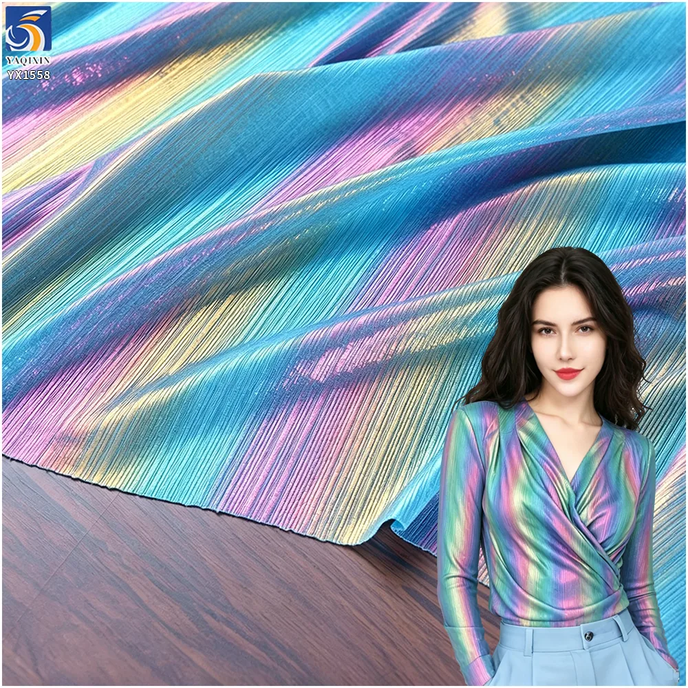 YX1558 Iridescent Holographic Foil Rib Knit Stretch Fabric Glossy 95% Polyester 5% Spandex for Women's Dresses and Tops
