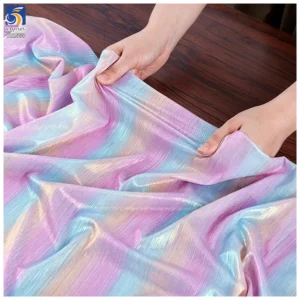 YX1558 Iridescent Holographic Foil Rib Knit Stretch Fabric Glossy 95% Polyester 5% Spandex for Women's Dresses and Tops