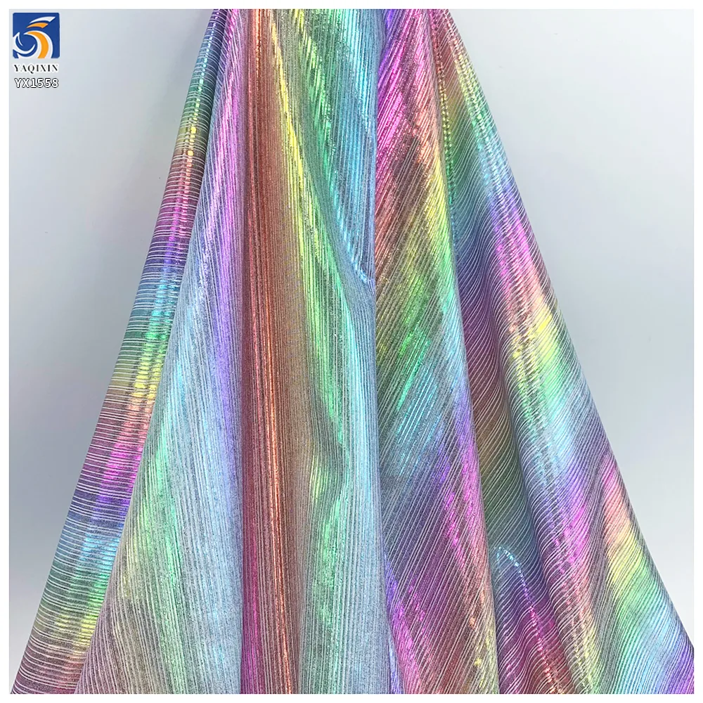 YX1558 Iridescent Holographic Foil Rib Knit Stretch Fabric Glossy 95% Polyester 5% Spandex for Women's Dresses and Tops