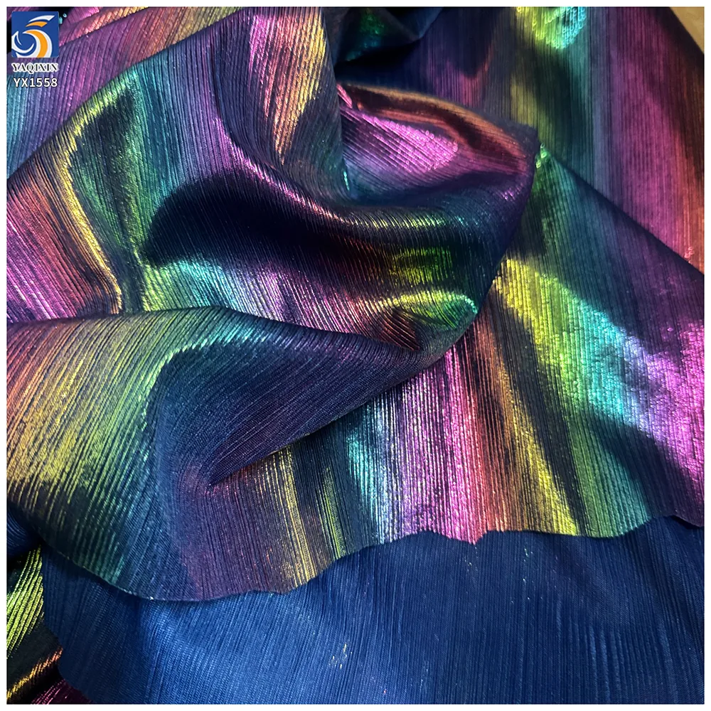 YX1558 Iridescent Holographic Foil Rib Knit Stretch Fabric Glossy 95% Polyester 5% Spandex for Women's Dresses and Tops