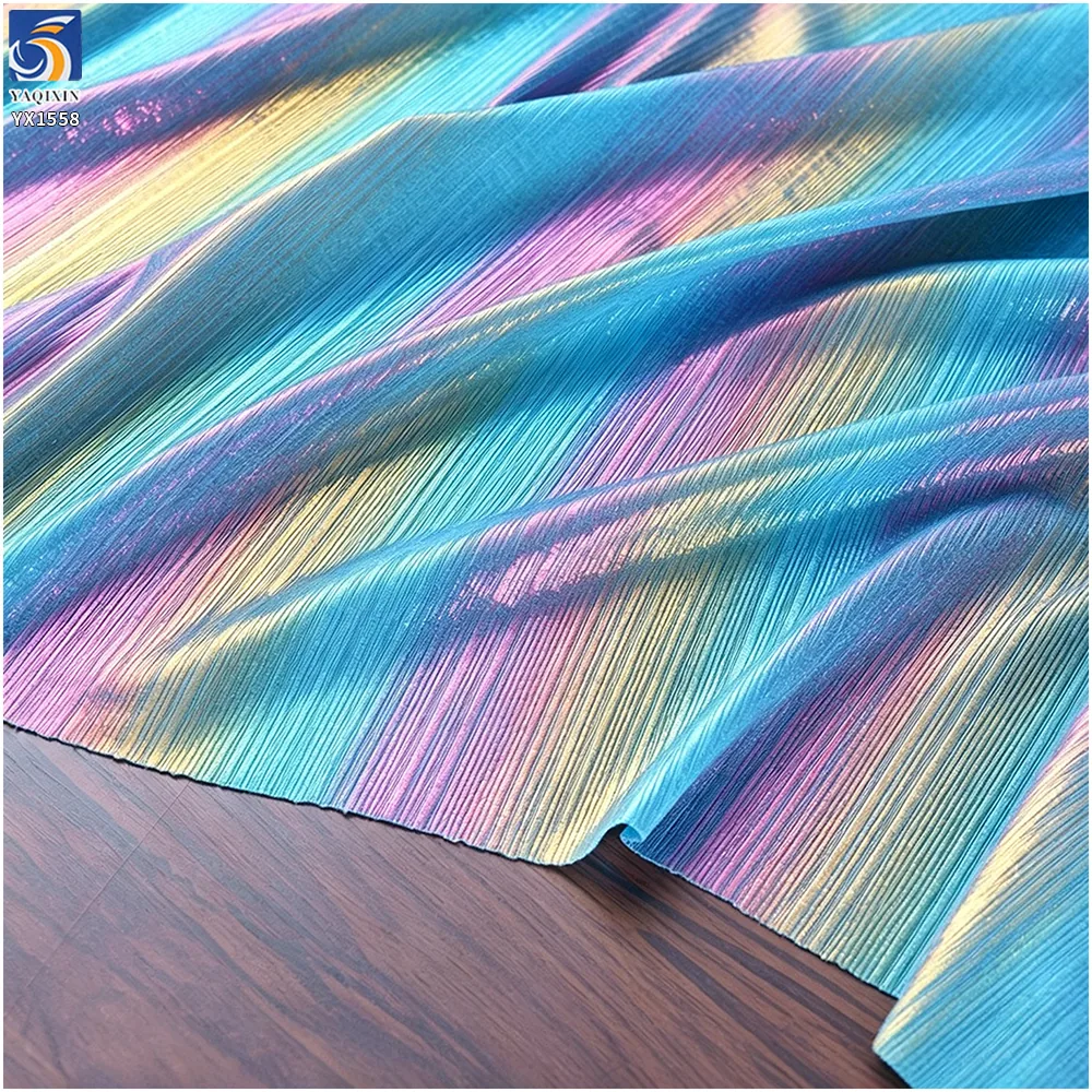 YX1558 Iridescent Holographic Foil Rib Knit Stretch Fabric Glossy 95% Polyester 5% Spandex for Women's Dresses and Tops