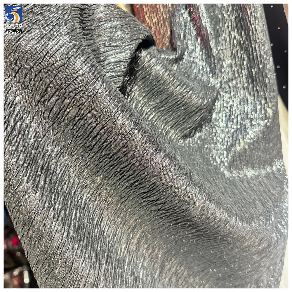 YX1556 Metallic Foil Printed Lurex Crinkle Chiffon Fabric 120gsm Bark Texture Material for Evening Dresses