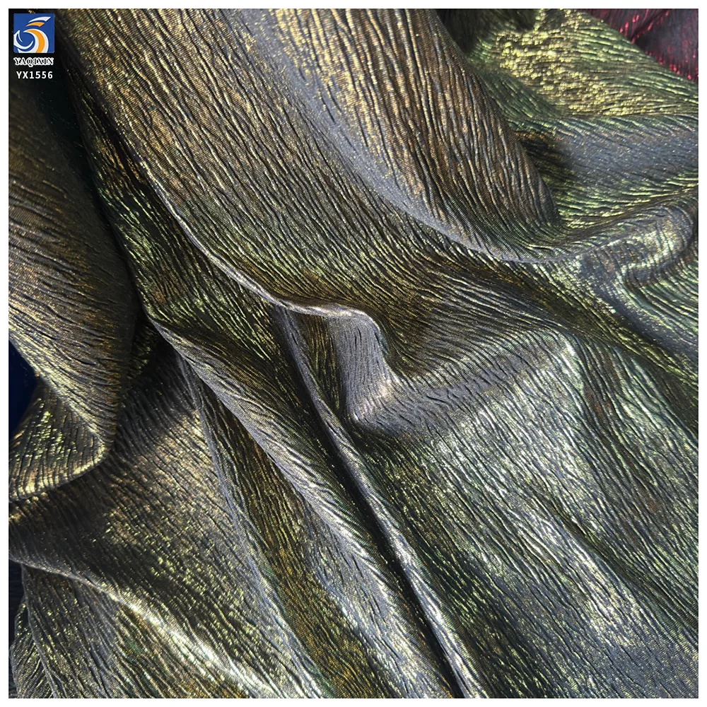 YX1556 Metallic Foil Printed Lurex Crinkle Chiffon Fabric 120gsm Bark Texture Material for Evening Dresses