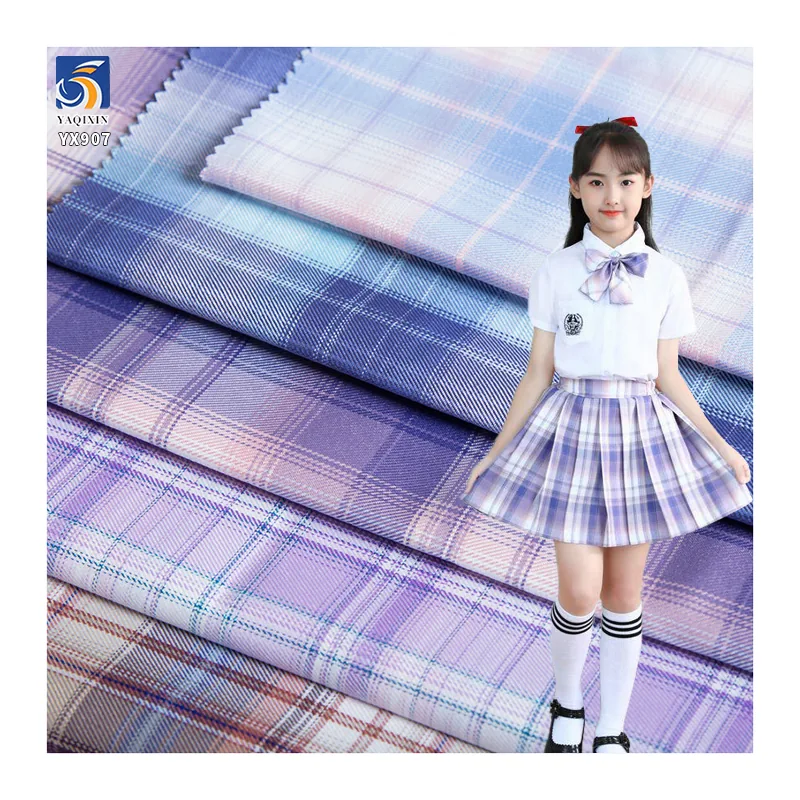 YX907 300D 170gsm African Girls School Uniform Kenya Polyester Jk Skirt Dress Fabric Purple Plaid Yarn-Dyed Fabric