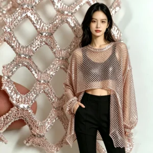 YX1619 Openwork Shiny Mesh Fabric Foil Finish Stretch Knit Textile for Fashion Clothing and Layered Garments