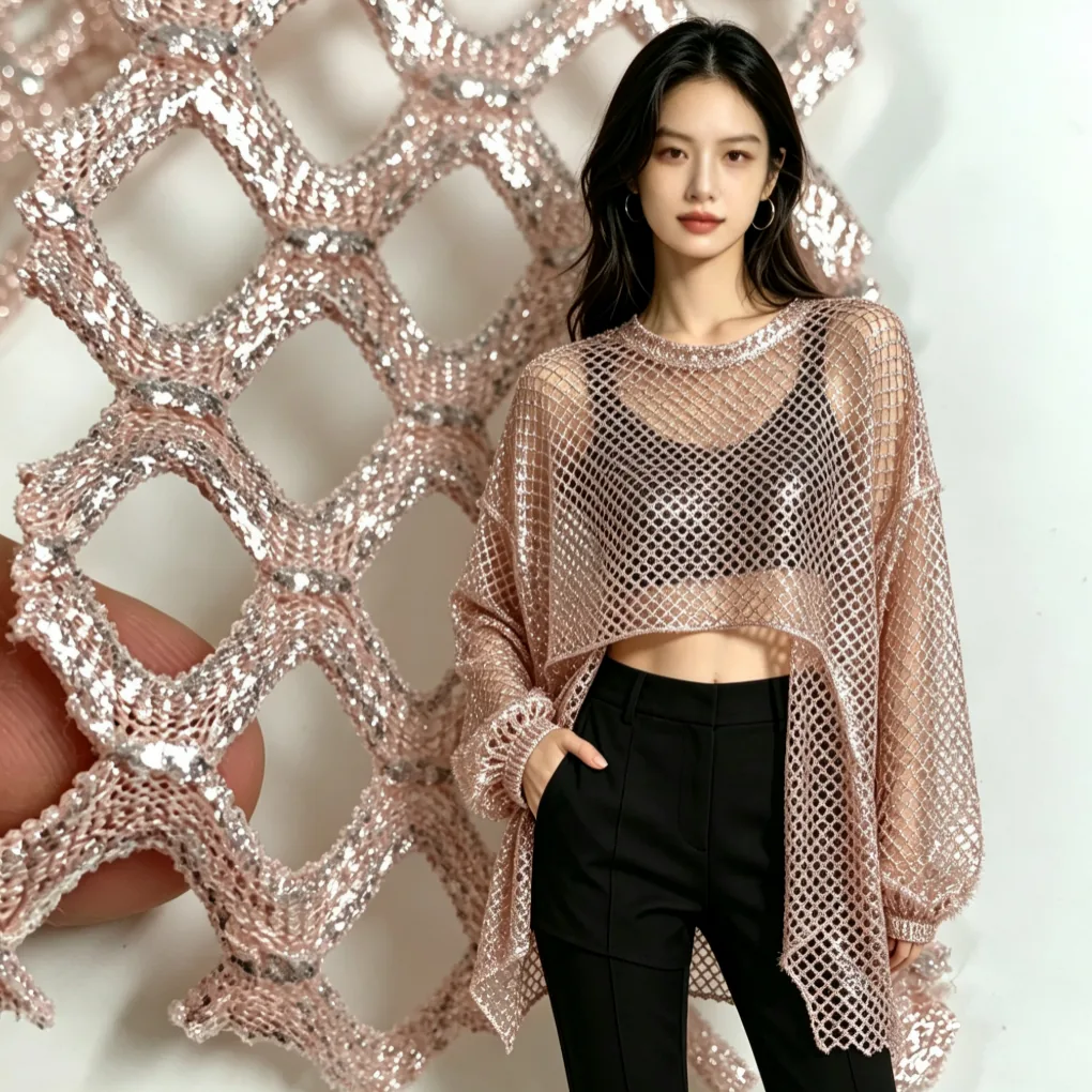 YX1619 Openwork Shiny Mesh Fabric Foil Finish Stretch Knit Textile for Fashion Clothing and Layered Garments