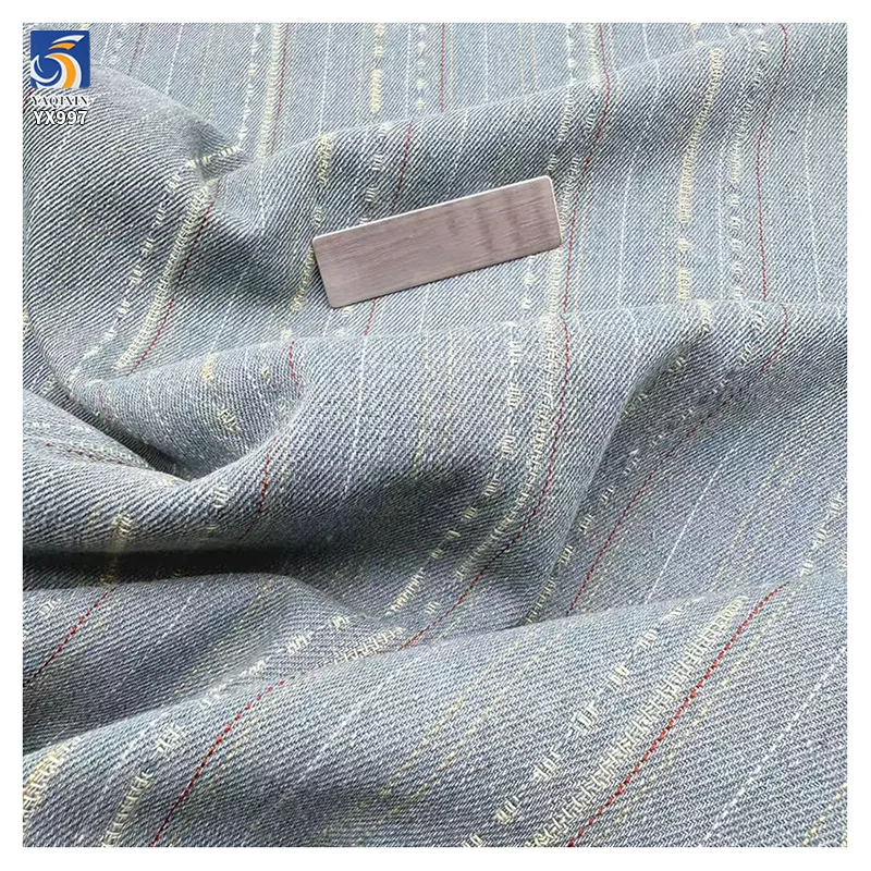 YX997 250g/m² 11oz 75% Cotton 25% Polyester Washed Denim Fabric Vintage-Style Jacquard Cotton Striped Denim Fabric for Pant