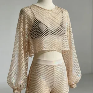 YX1619 Openwork Shiny Mesh Fabric Foil Finish Stretch Knit Textile for Fashion Clothing and Layered Garments