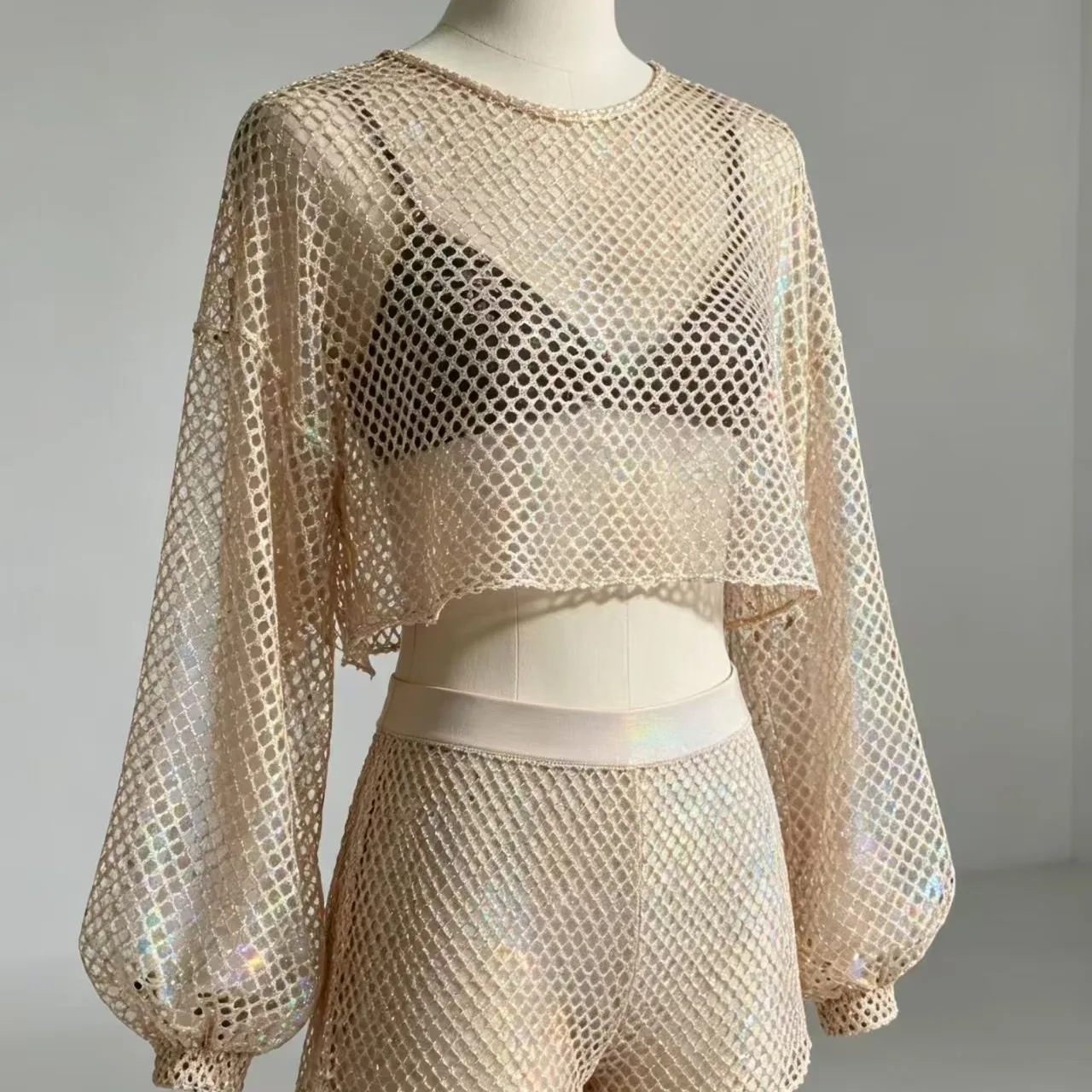 YX1619 Openwork Shiny Mesh Fabric Foil Finish Stretch Knit Textile for Fashion Clothing and Layered Garments