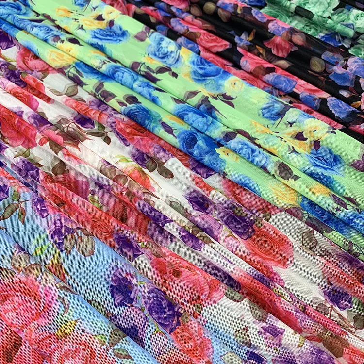 YX006 3 Days Picture Sample Spandex 4 Way Stretch Custom Printed Net Mesh Fabrics Colorful Flower Digital Printed Mesh Fabric