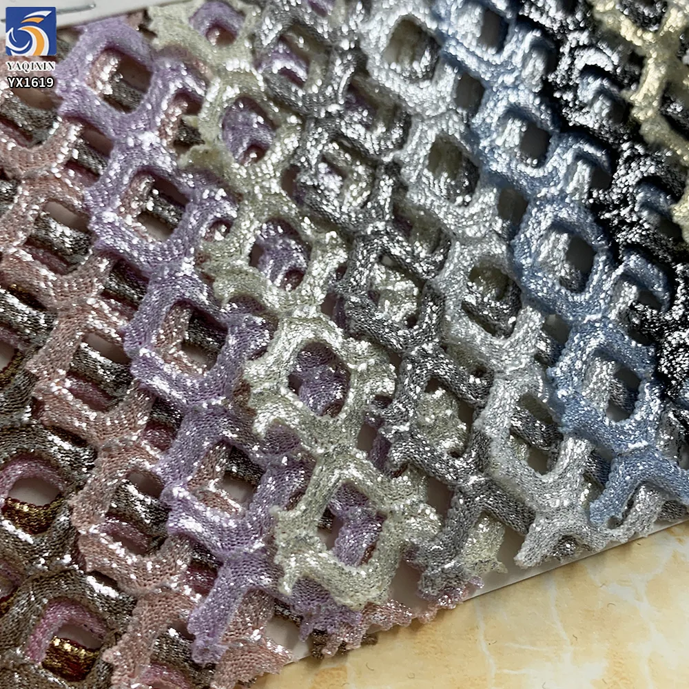 YX1619 Openwork Shiny Mesh Fabric Foil Finish Stretch Knit Textile for Fashion Clothing and Layered Garments