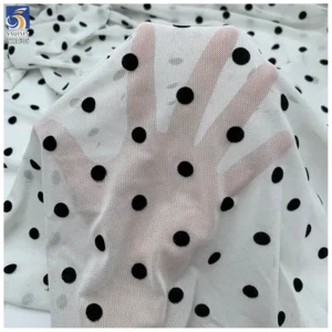 YX1505 Beautiful Stretch Black Flocked Polka Dot Mesh Fabric 92 Polyester 8 Spandex 1cm Dot Tulle Fabric for Women Skirt Dress