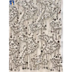 YX1126 Manufacturer Fringed 400gsm Heavy Sequin Fabric Five-Pointed Star Florals Shaped 3D Sequin Mesh Dress Fabric
