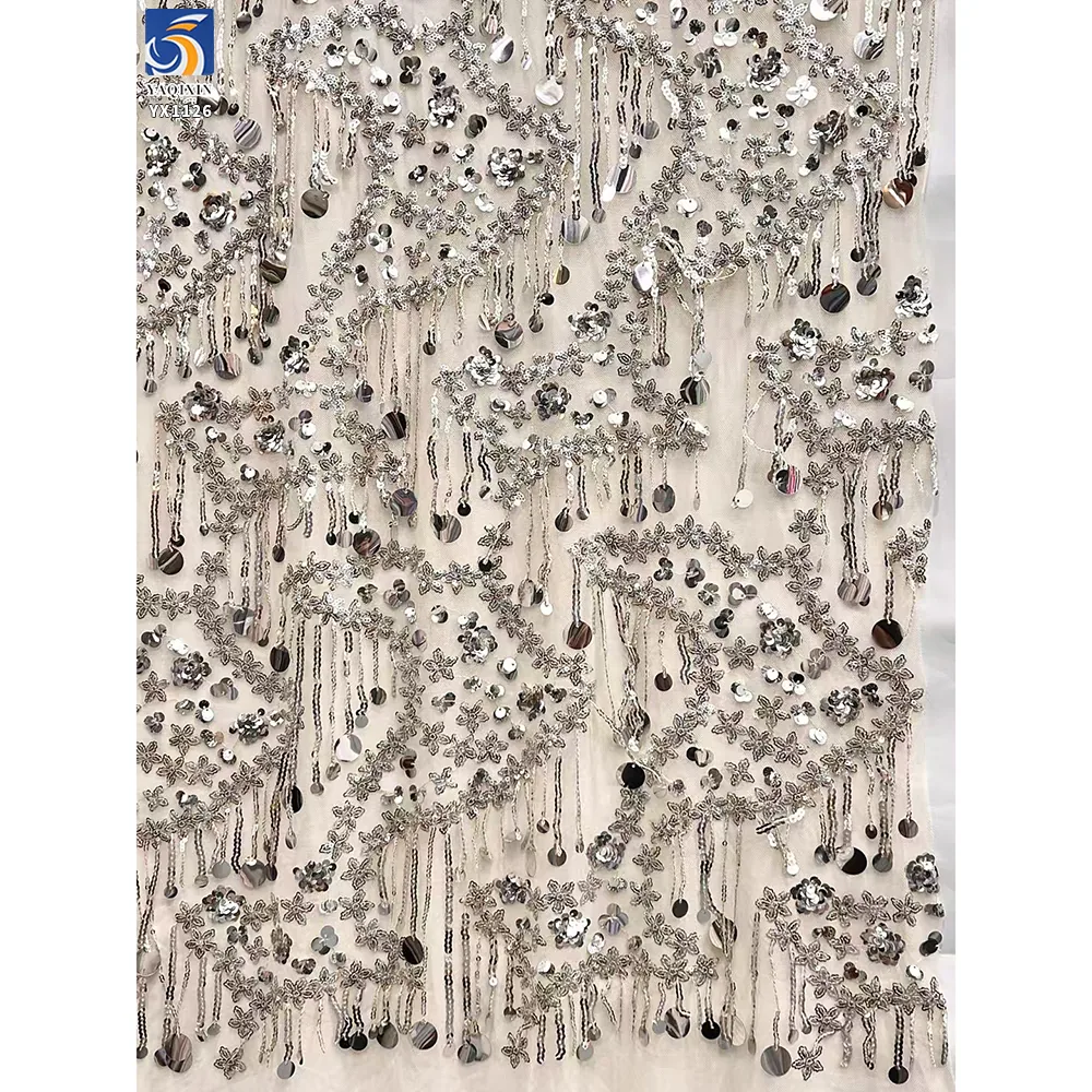 YX1126 Manufacturer Fringed 400gsm Heavy Sequin Fabric Five-Pointed Star Florals Shaped 3D Sequin Mesh Dress Fabric