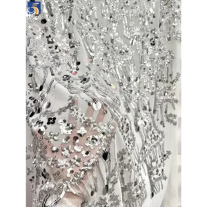 YX1126 Manufacturer Fringed 400gsm Heavy Sequin Fabric Five-Pointed Star Florals Shaped 3D Sequin Mesh Dress Fabric