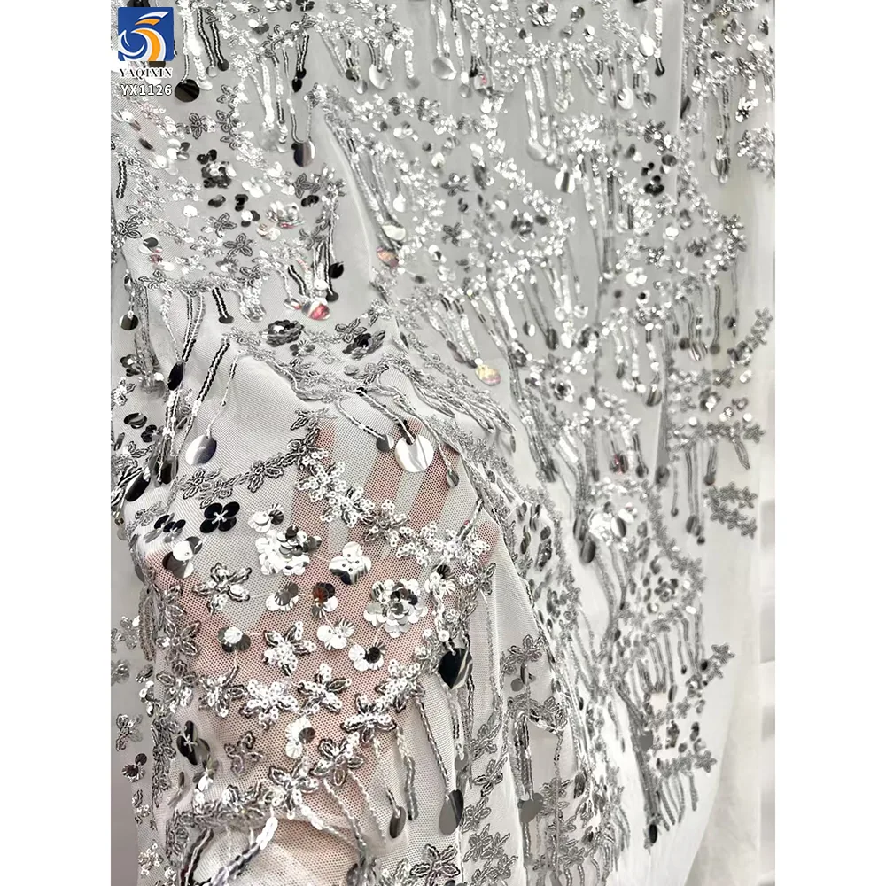 YX1126 Manufacturer Fringed 400gsm Heavy Sequin Fabric Five-Pointed Star Florals Shaped 3D Sequin Mesh Dress Fabric