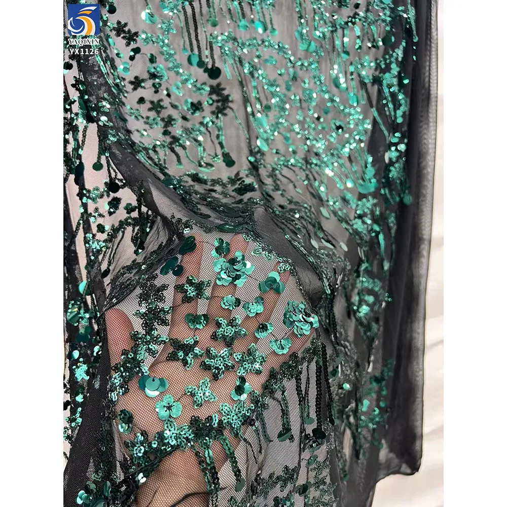 YX1126 Manufacturer Fringed 400gsm Heavy Sequin Fabric Five-Pointed Star Florals Shaped 3D Sequin Mesh Dress Fabric