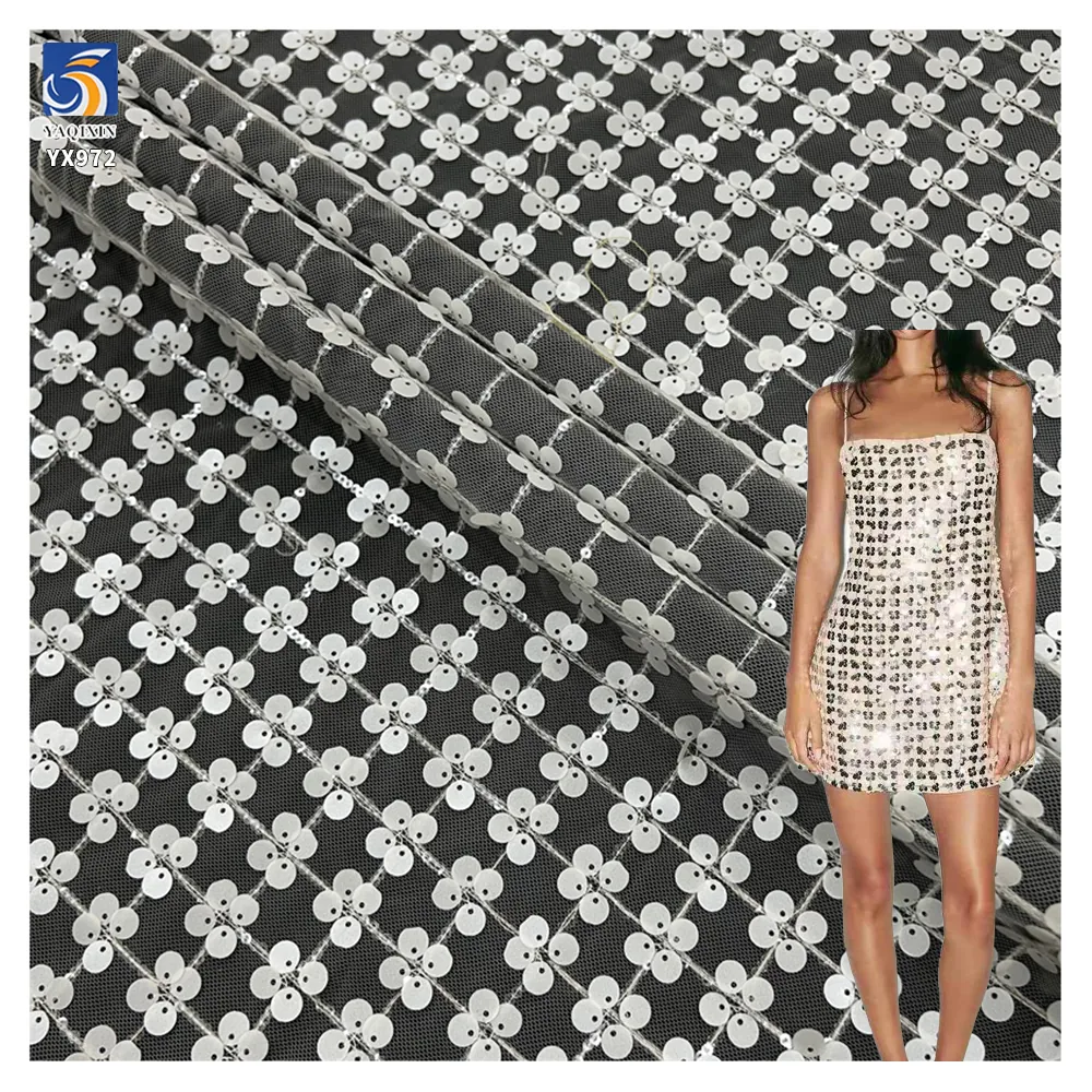 YX972 New Trends in 2026 Plaid Mesh Sequins Apparel-Skirt Fabric Four-Leaf Clover Design 5mm Matte Sequin Fabric for Garment