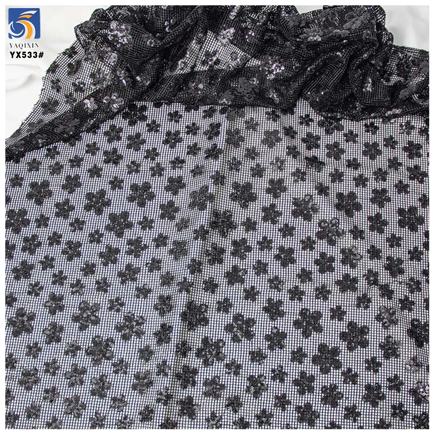 YX533 Black Sequin Lace Fabric Checkered Net Mesh Floral Design Sequined Lace Fabric for Dresses