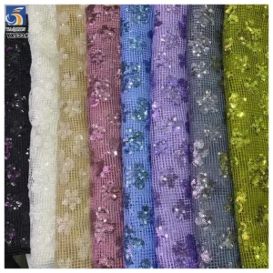 YX533 Black Sequin Lace Fabric Checkered Net Mesh Floral Design Sequined Lace Fabric for Dresses