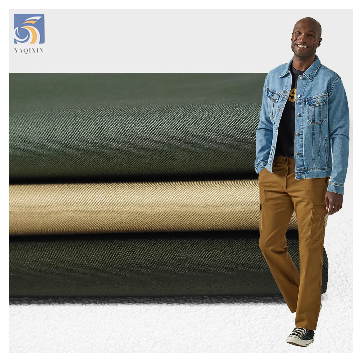 A2272 Khaki 255gsm Washed Polyester Cotton Spandex Stretchy Fabric 32*16 Twill Mercerized Cotton Fabric for Trousers