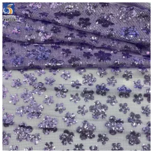 YX533 Black Sequin Lace Fabric Checkered Net Mesh Floral Design Sequined Lace Fabric for Dresses