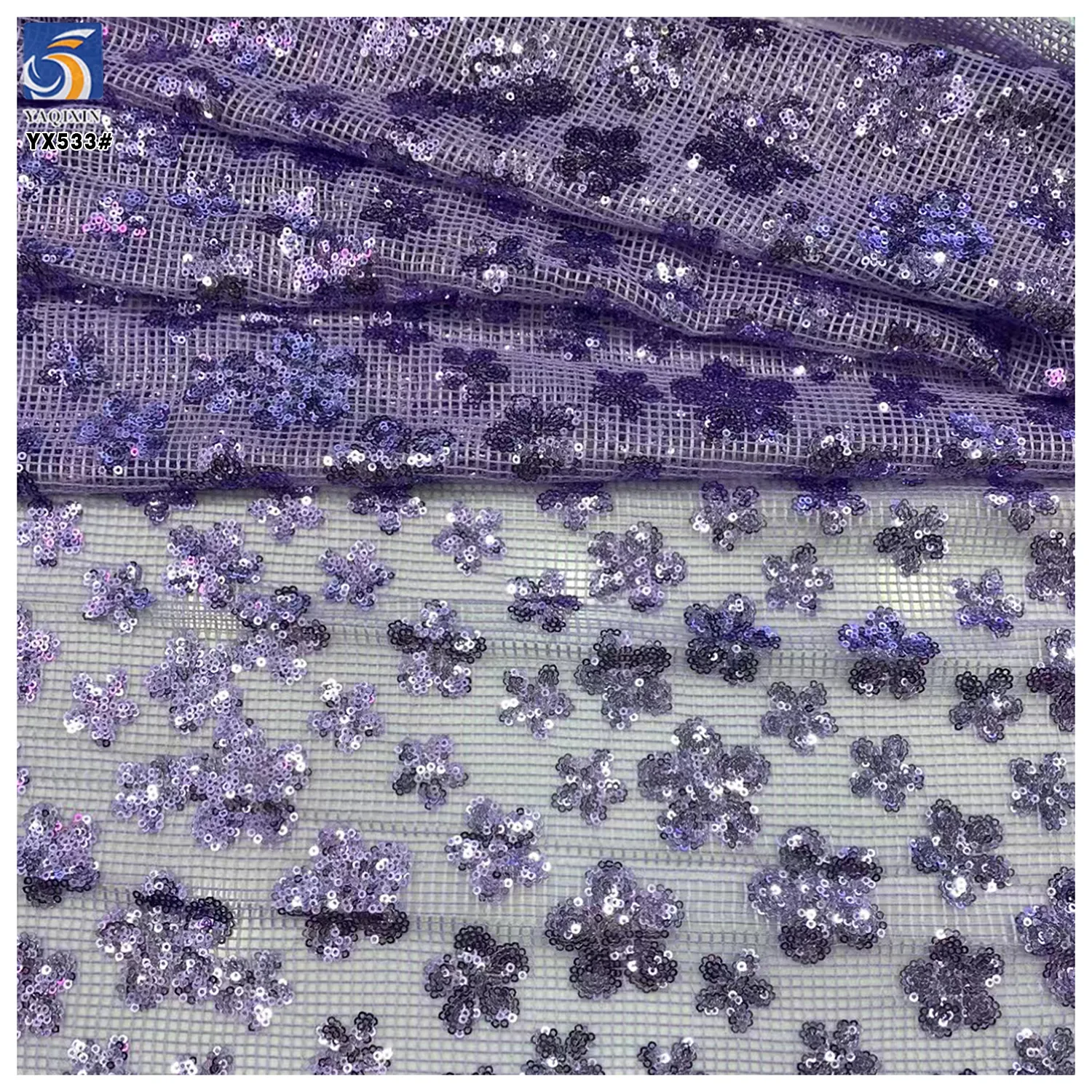 YX533 Black Sequin Lace Fabric Checkered Net Mesh Floral Design Sequined Lace Fabric for Dresses