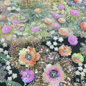 YX1226# New Product Launch 3D Flower Pattern Sequin Embroidery Colorful Mesh Fabric DIY Handmade Sequin Lace Fabric Textile