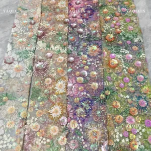 YX1226# New Product Launch 3D Flower Pattern Sequin Embroidery Colorful Mesh Fabric DIY Handmade Sequin Lace Fabric Textile