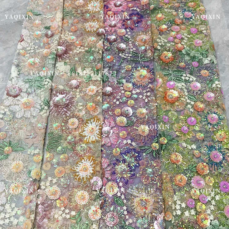 YX1226# New Product Launch 3D Flower Pattern Sequin Embroidery Colorful Mesh Fabric DIY Handmade Sequin Lace Fabric Textile