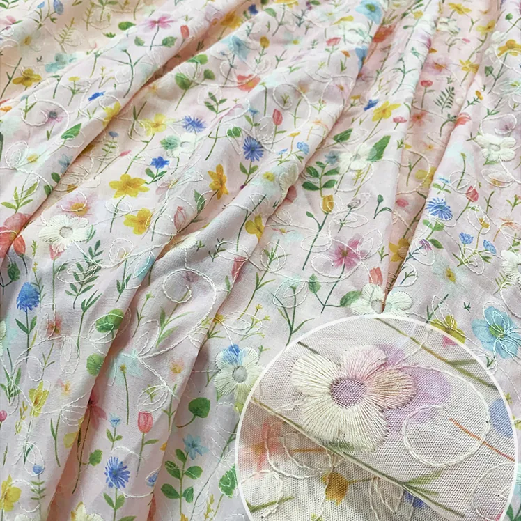 YX1266 2026 100% Polyester Pastoral Style Fresh Dress TC Floral Print & Embroidery Fabric Chiffon Florals Fabric for Garment