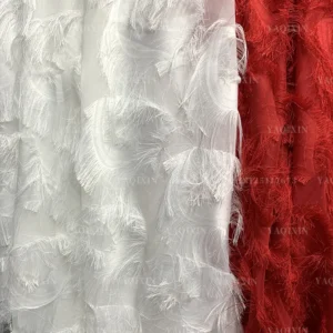 YX1196 High Quality White and Red Feather Designer Jacquard Fabric 130gsm Woven Jacquard Chiffon Fabric for Tassel Dresses