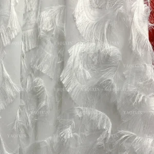 YX1196 High Quality White and Red Feather Designer Jacquard Fabric 130gsm Woven Jacquard Chiffon Fabric for Tassel Dresses