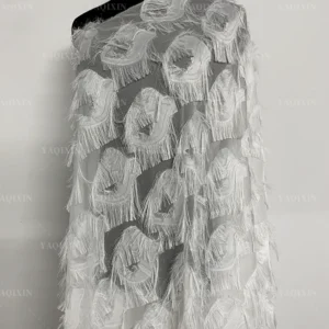 YX1196 High Quality White and Red Feather Designer Jacquard Fabric 130gsm Woven Jacquard Chiffon Fabric for Tassel Dresses