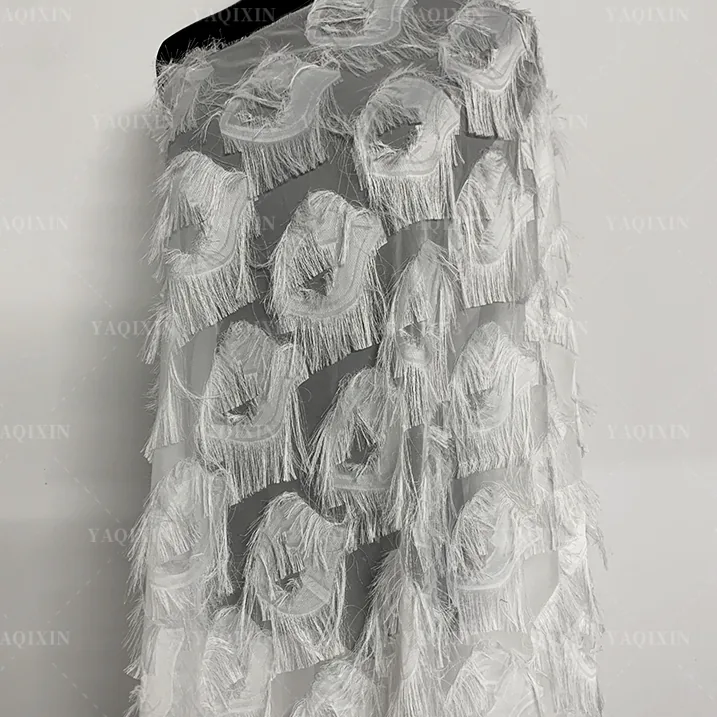 YX1196 High Quality White and Red Feather Designer Jacquard Fabric 130gsm Woven Jacquard Chiffon Fabric for Tassel Dresses