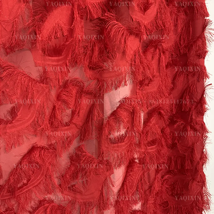 YX1196 High Quality White and Red Feather Designer Jacquard Fabric 130gsm Woven Jacquard Chiffon Fabric for Tassel Dresses